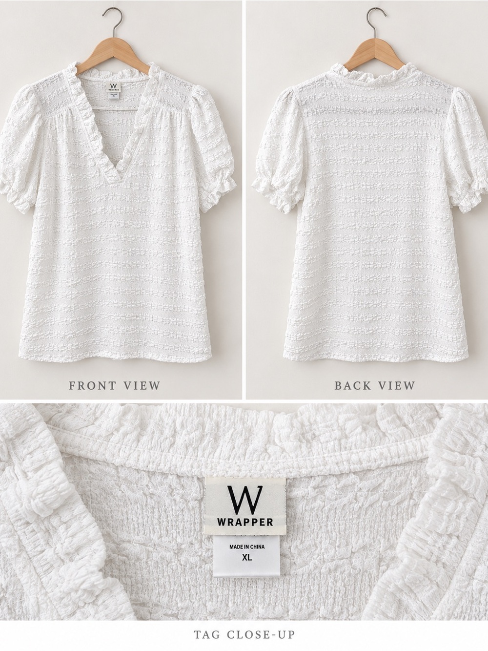 Wrapper White Ruffled V-Neck Textured Puff Sleeve Blouse
